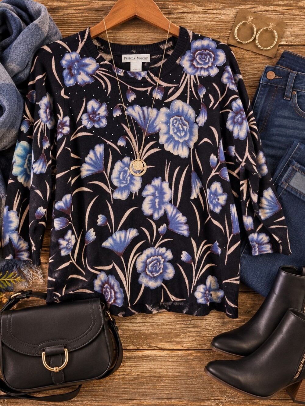 Rebecca Malone XL Black Blue Floral Rhinestone Embellished 3/4 Sleeve Sweater